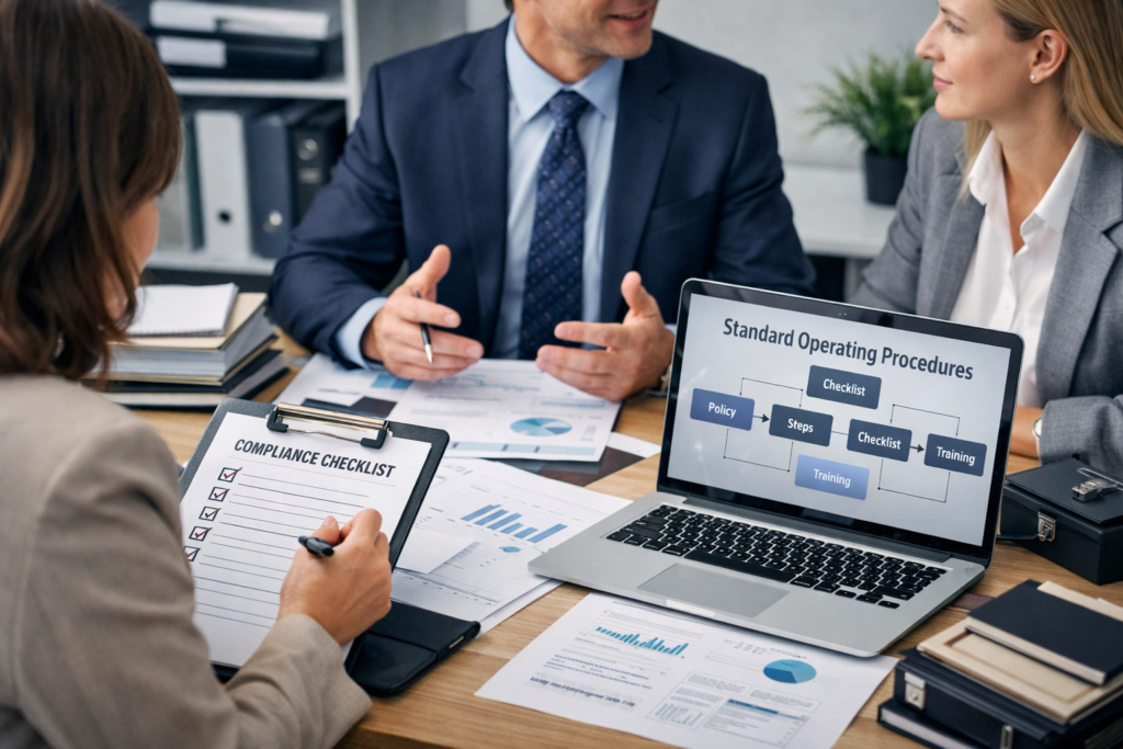 Advisors reviewing a compliance checklist and standard operating procedures on a laptop