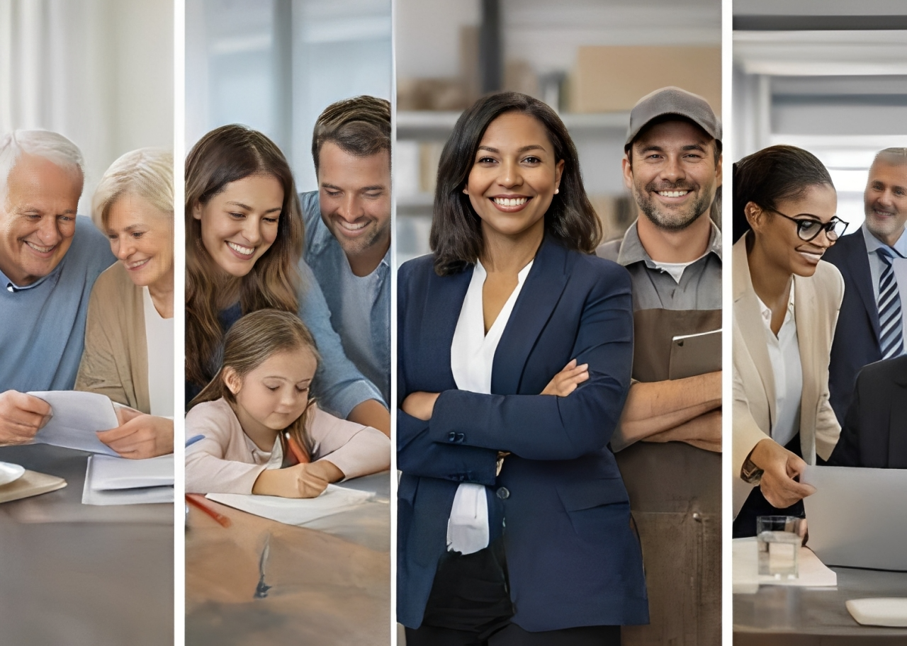 Four panel banner of clients and an advisor representing varied customers served