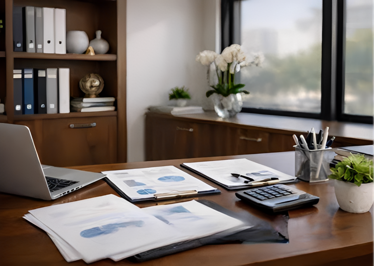 Tidy office desk with a laptop, financial printouts and a calculator
