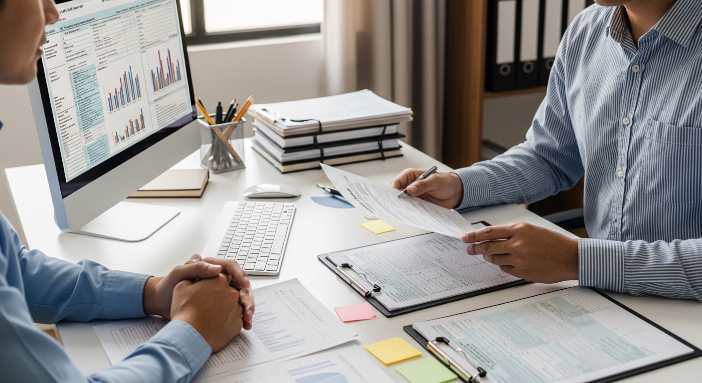 Two colleagues reviewing payroll paperwork and spreadsheet charts at a desk