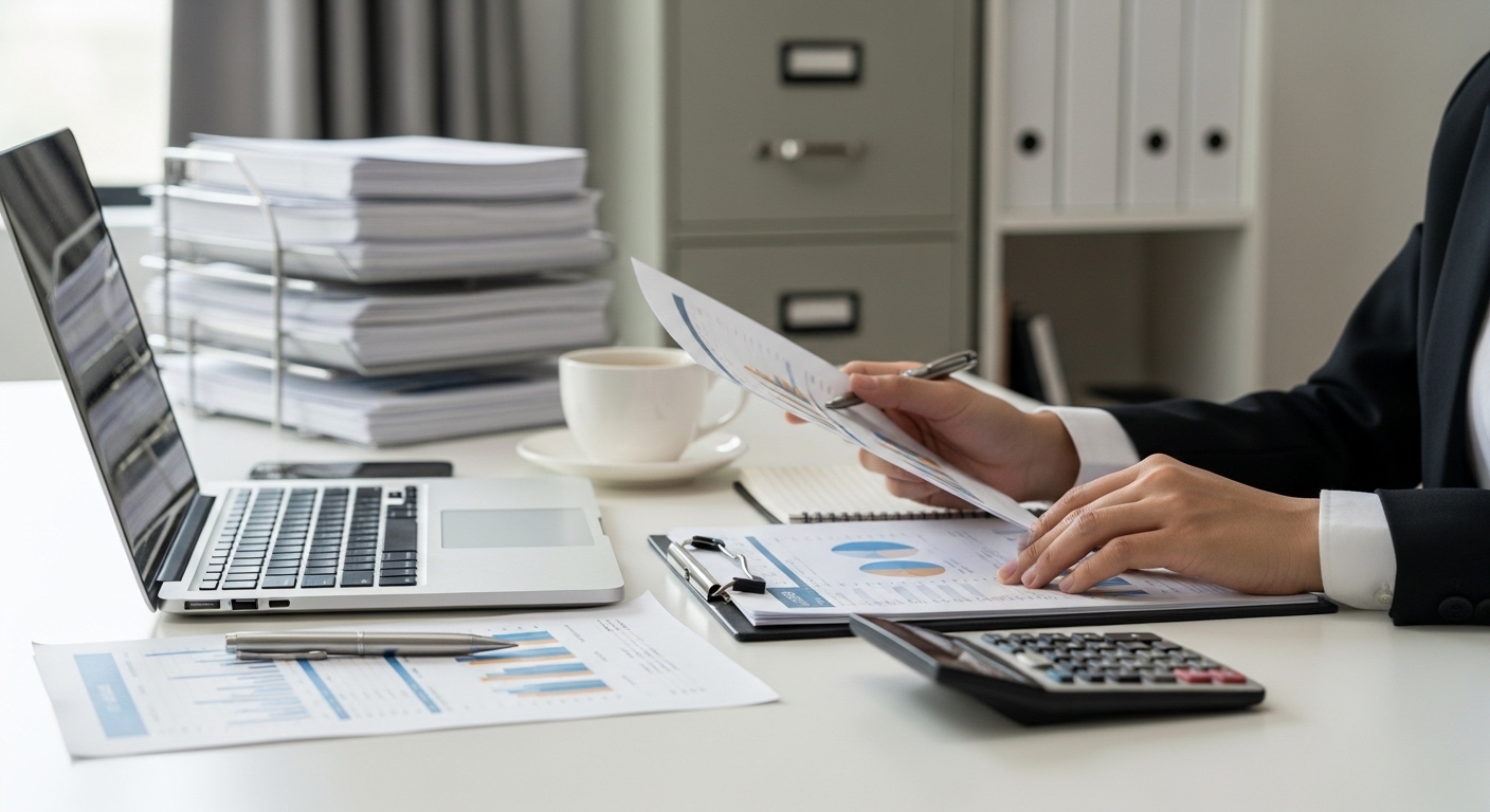 Accountant reviewing financial charts and a balance sheet with a calculator