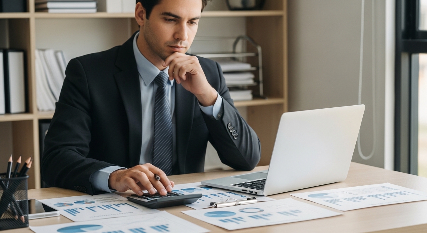 Accountant in a suit using a calculator beside printed financial charts