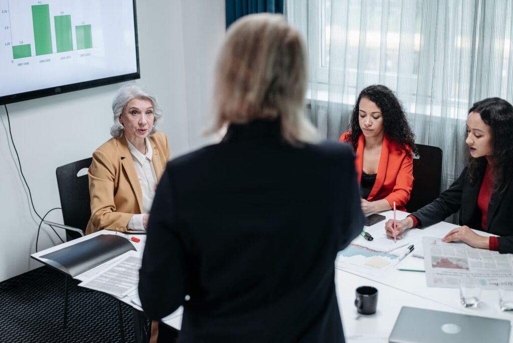 Small business team seated around a table discussing employee handbook policies