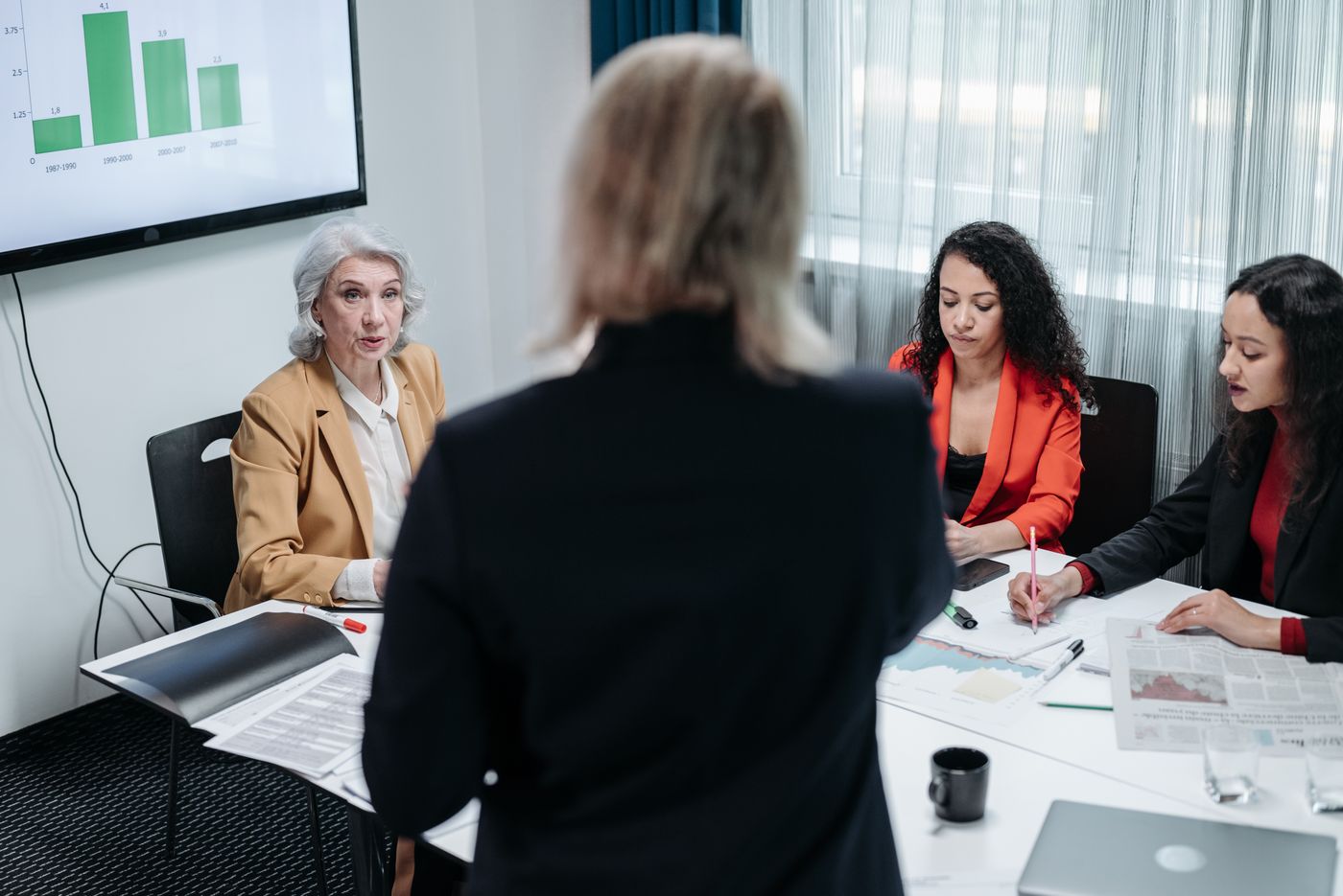 Small business team seated around a table discussing employee handbook policies